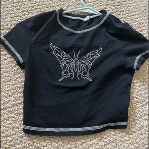 Black Shein Top with rhinestoned butterfly